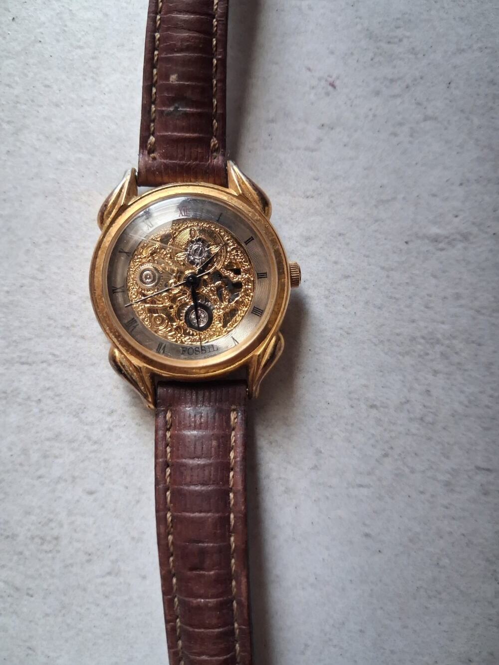 Fossil Skeleton Automatic Watch Gold Tone Brown Leather Strap Not Working